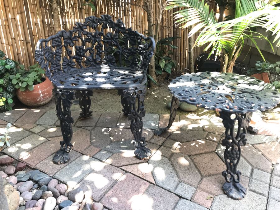 Heavy Cast Iron Outdoor Chair 23W X 20D X 27H With Matching Side Table 24W X 14H Grapes Vine Motif [Photo 1]