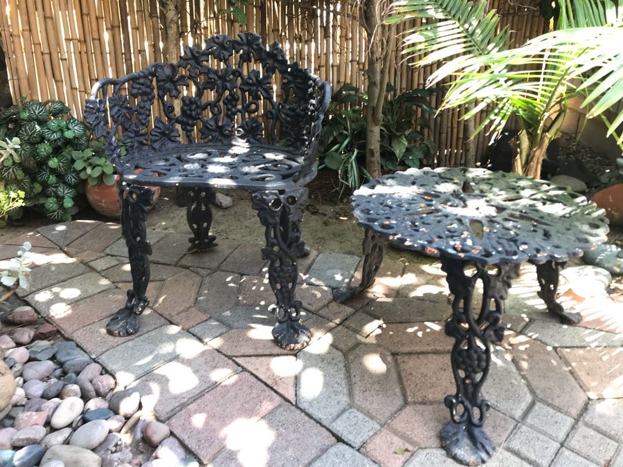Heavy Cast Iron Outdoor Chair 23W X 20D X 27H With Matching Side Table 24W X 14H Grapes Vine Motif [Photo 3]