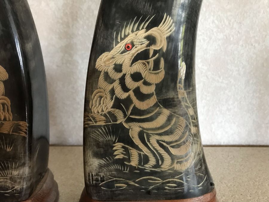 Hand Carved Horn Decorated With Tiger And Dragon Serpent Design Each 9W X 3.5D X 15H [Photo 5]
