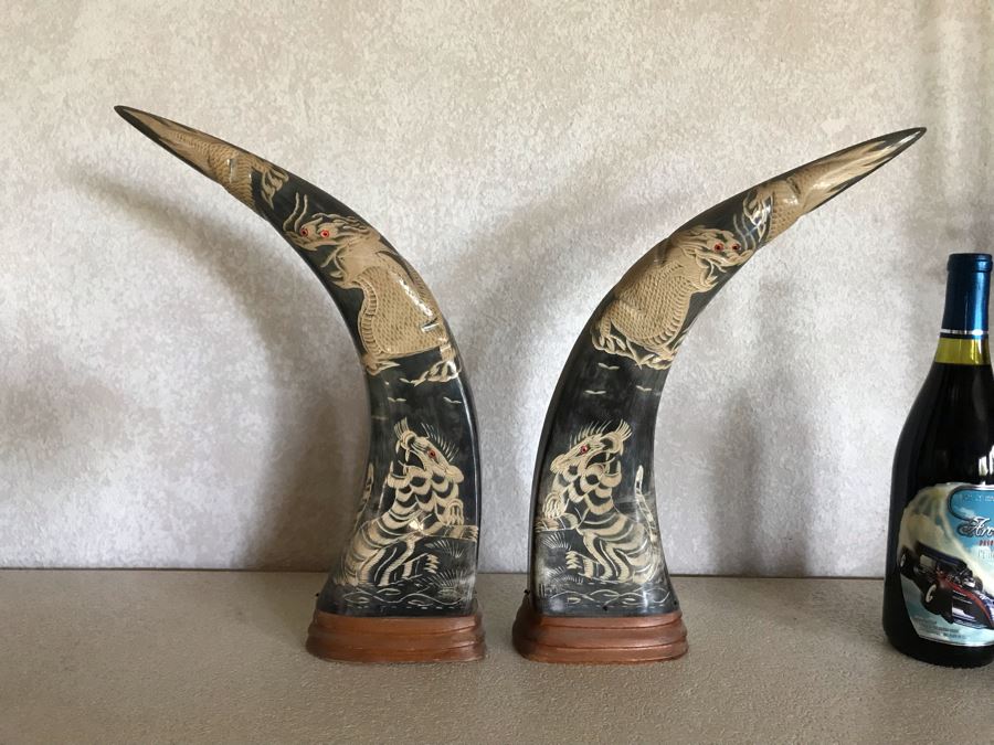 Hand Carved Horn Decorated With Tiger And Dragon Serpent Design Each 9W X 3.5D X 15H [Photo 2]