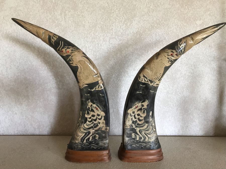 Hand Carved Horn Decorated With Tiger And Dragon Serpent Design Each 9W X 3.5D X 15H [Photo 3]