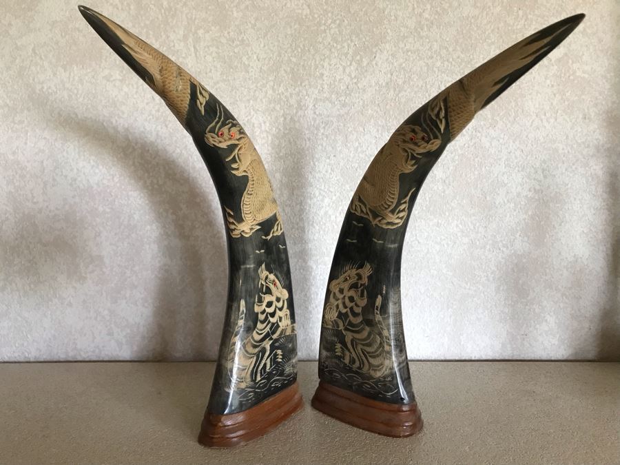 Hand Carved Horn Decorated With Tiger And Dragon Serpent Design Each 9W X 3.5D X 15H [Photo 17]