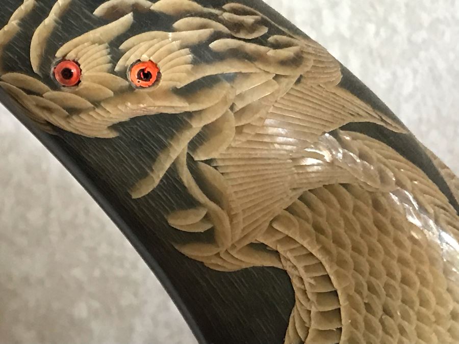 Hand Carved Horn Decorated With Tiger And Dragon Serpent Design Each 9W X 3.5D X 15H [Photo 16]