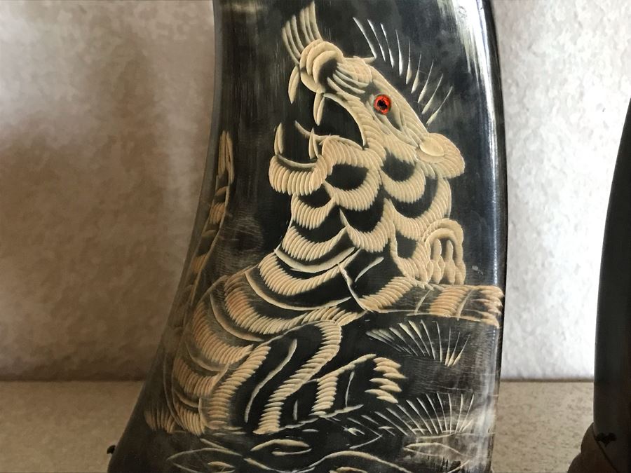 Hand Carved Horn Decorated With Tiger And Dragon Serpent Design Each 9W X 3.5D X 15H [Photo 12]