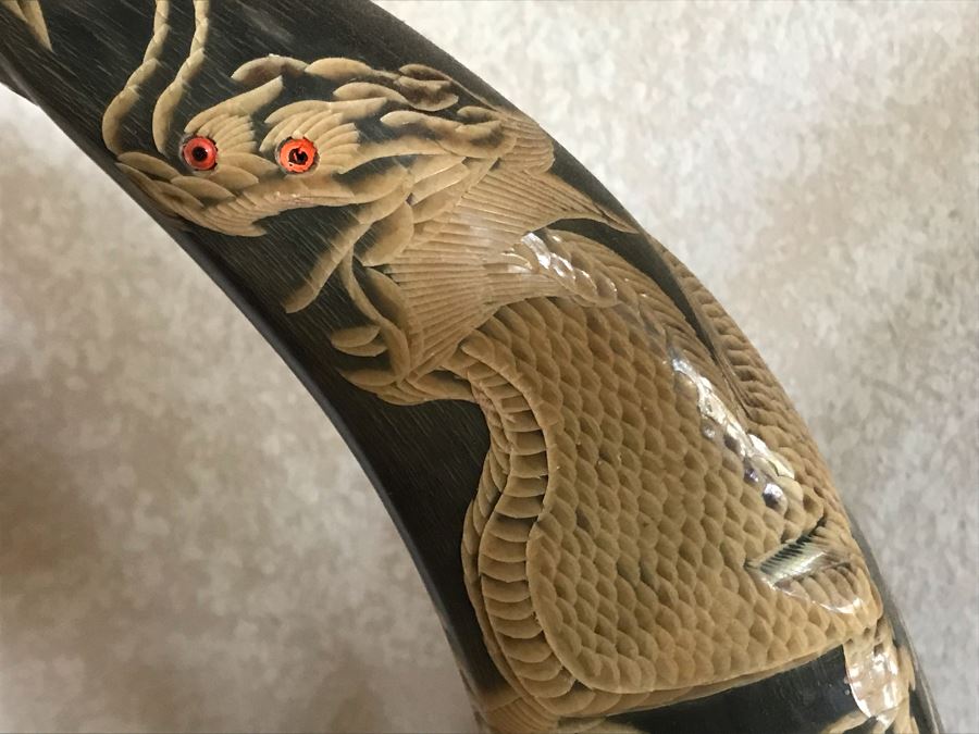 Hand Carved Horn Decorated With Tiger And Dragon Serpent Design Each 9W X 3.5D X 15H [Photo 13]