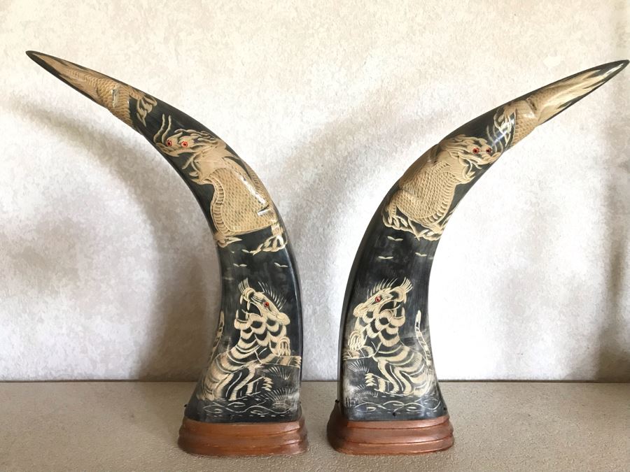 Hand Carved Horn Decorated With Tiger And Dragon Serpent Design Each 9W X 3.5D X 15H [Photo 1]
