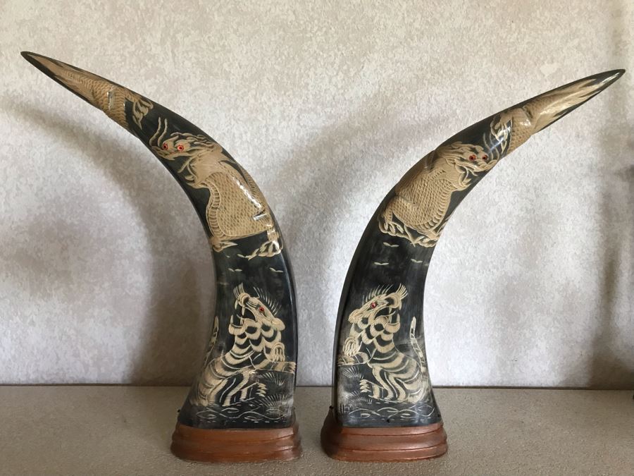 Hand Carved Horn Decorated With Tiger And Dragon Serpent Design Each 9W X 3.5D X 15H [Photo 4]