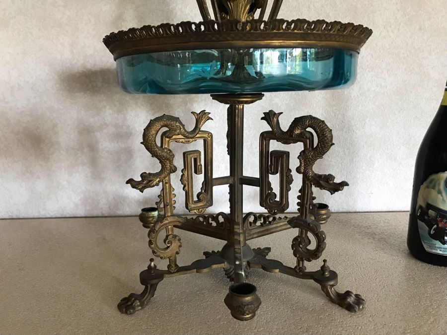 Impressive Antique Epergne Centerpiece With Hand Painted Blue Venetian Glass Decorated With Butterflies, Dragonflies And Flowers Supported By Gilded Brass Chinoiserie Base Featuring Dragons Serpents 26H X 12W [Photo 5]