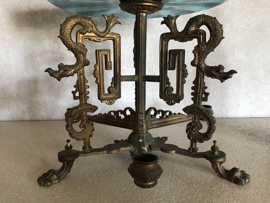 Impressive Antique Epergne Centerpiece With Hand Painted Blue Venetian Glass Decorated With Butterflies, Dragonflies And Flowers Supported By Gilded Brass Chinoiserie Base Featuring Dragons Serpents 26H X 12W [Photo 6]