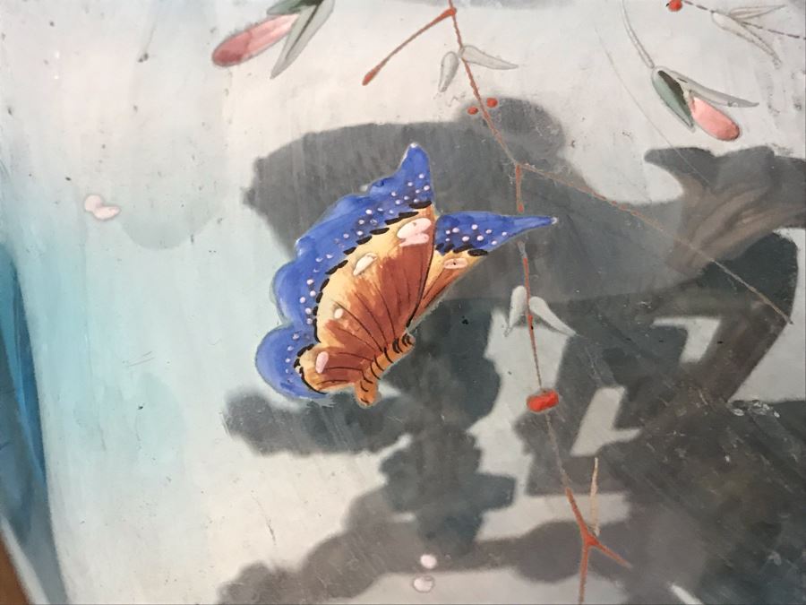 Impressive Antique Epergne Centerpiece With Hand Painted Blue Venetian Glass Decorated With Butterflies, Dragonflies And Flowers Supported By Gilded Brass Chinoiserie Base Featuring Dragons Serpents 26H X 12W [Photo 40]