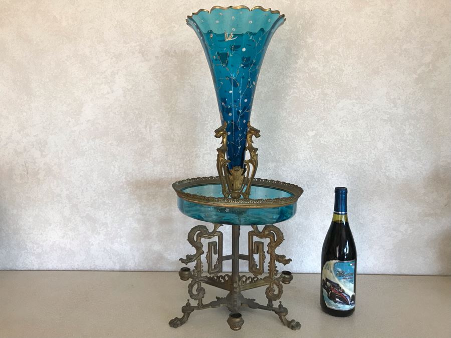 Impressive Antique Epergne Centerpiece With Hand Painted Blue Venetian Glass Decorated With Butterflies, Dragonflies And Flowers Supported By Gilded Brass Chinoiserie Base Featuring Dragons Serpents 26H X 12W
