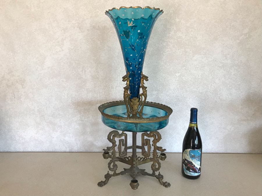 Impressive Antique Epergne Centerpiece With Hand Painted Blue Venetian Glass Decorated With Butterflies, Dragonflies And Flowers Supported By Gilded Brass Chinoiserie Base Featuring Dragons Serpents 26H X 12W [Photo 35]