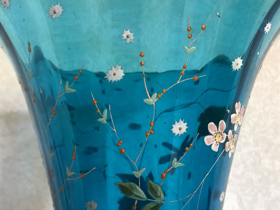 Impressive Antique Epergne Centerpiece With Hand Painted Blue Venetian Glass Decorated With Butterflies, Dragonflies And Flowers Supported By Gilded Brass Chinoiserie Base Featuring Dragons Serpents 26H X 12W [Photo 22]