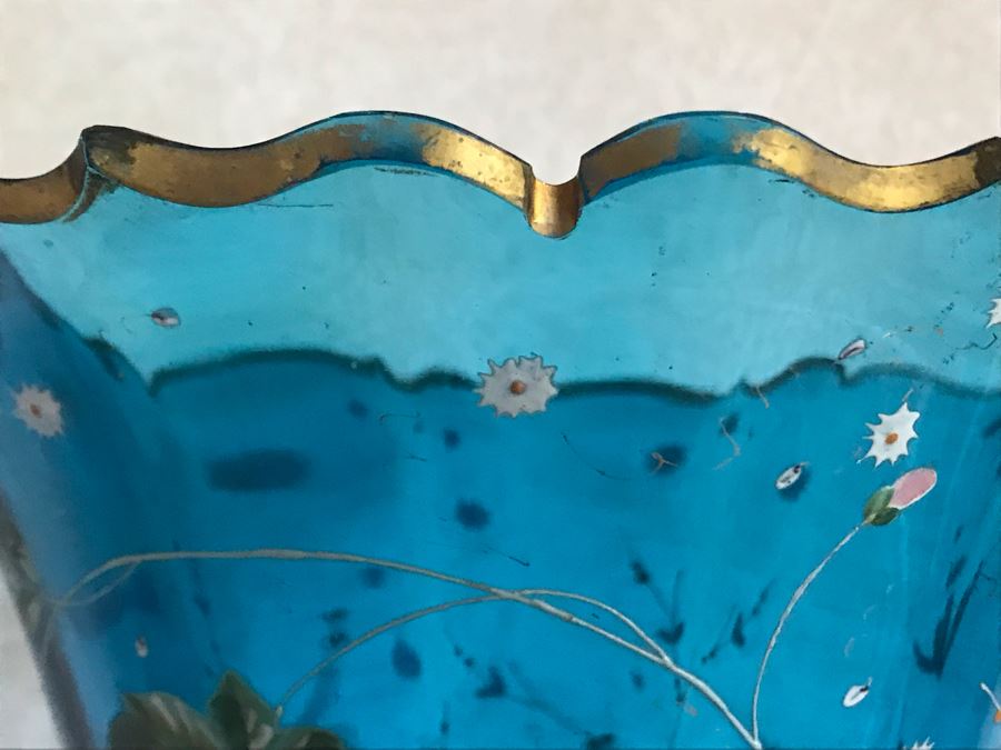 Impressive Antique Epergne Centerpiece With Hand Painted Blue Venetian Glass Decorated With Butterflies, Dragonflies And Flowers Supported By Gilded Brass Chinoiserie Base Featuring Dragons Serpents 26H X 12W [Photo 19]