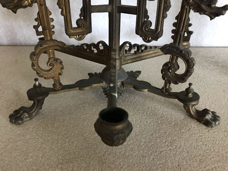 Impressive Antique Epergne Centerpiece With Hand Painted Blue Venetian Glass Decorated With Butterflies, Dragonflies And Flowers Supported By Gilded Brass Chinoiserie Base Featuring Dragons Serpents 26H X 12W [Photo 9]