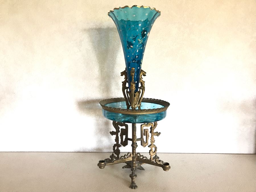 Impressive Antique Epergne Centerpiece With Hand Painted Blue Venetian Glass Decorated With Butterflies, Dragonflies And Flowers Supported By Gilded Brass Chinoiserie Base Featuring Dragons Serpents 26H X 12W [Photo 31]