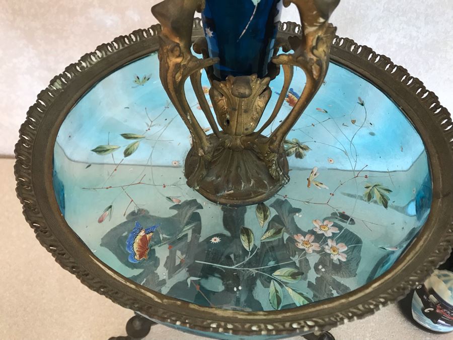 Impressive Antique Epergne Centerpiece With Hand Painted Blue Venetian Glass Decorated With Butterflies, Dragonflies And Flowers Supported By Gilded Brass Chinoiserie Base Featuring Dragons Serpents 26H X 12W [Photo 38]