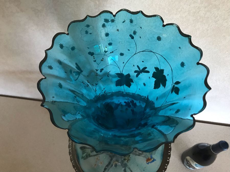 Impressive Antique Epergne Centerpiece With Hand Painted Blue Venetian Glass Decorated With Butterflies, Dragonflies And Flowers Supported By Gilded Brass Chinoiserie Base Featuring Dragons Serpents 26H X 12W [Photo 27]