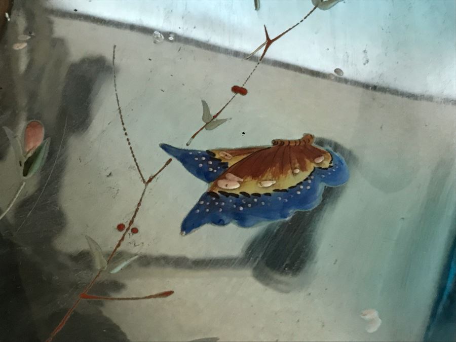 Impressive Antique Epergne Centerpiece With Hand Painted Blue Venetian Glass Decorated With Butterflies, Dragonflies And Flowers Supported By Gilded Brass Chinoiserie Base Featuring Dragons Serpents 26H X 12W [Photo 12]