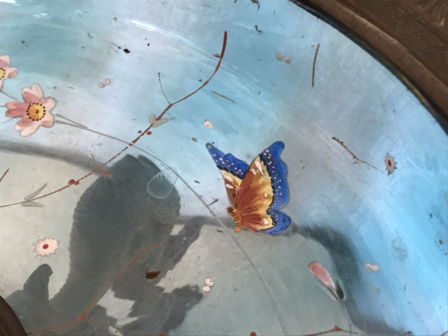 Impressive Antique Epergne Centerpiece With Hand Painted Blue Venetian Glass Decorated With Butterflies, Dragonflies And Flowers Supported By Gilded Brass Chinoiserie Base Featuring Dragons Serpents 26H X 12W [Photo 41]