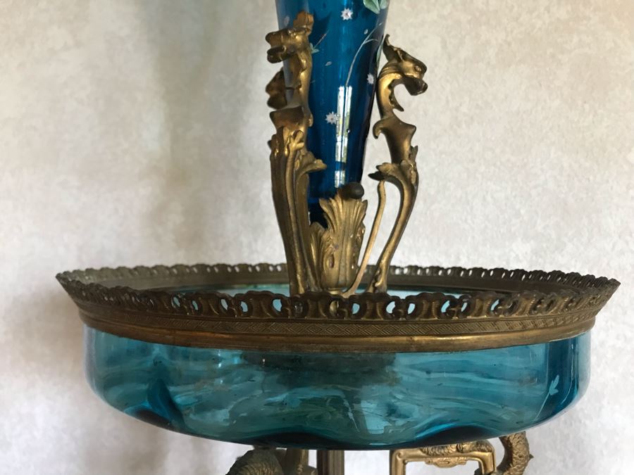 Impressive Antique Epergne Centerpiece With Hand Painted Blue Venetian Glass Decorated With Butterflies, Dragonflies And Flowers Supported By Gilded Brass Chinoiserie Base Featuring Dragons Serpents 26H X 12W [Photo 25]