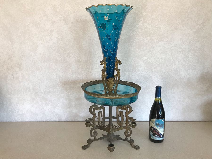 Impressive Antique Epergne Centerpiece With Hand Painted Blue Venetian Glass Decorated With Butterflies, Dragonflies And Flowers Supported By Gilded Brass Chinoiserie Base Featuring Dragons Serpents 26H X 12W [Photo 34]