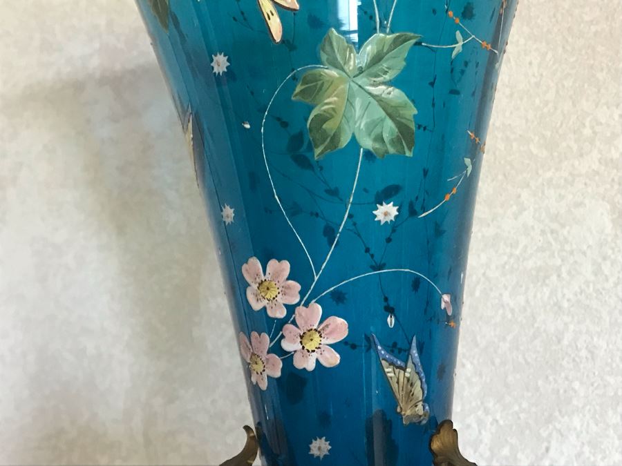 Impressive Antique Epergne Centerpiece With Hand Painted Blue Venetian Glass Decorated With Butterflies, Dragonflies And Flowers Supported By Gilded Brass Chinoiserie Base Featuring Dragons Serpents 26H X 12W [Photo 16]