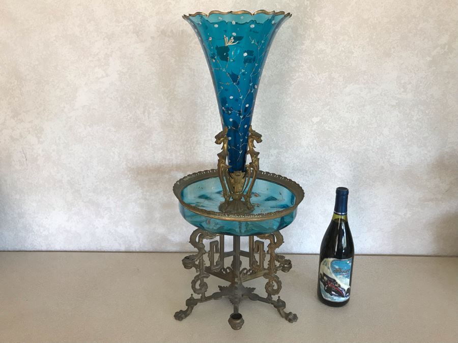 Impressive Antique Epergne Centerpiece With Hand Painted Blue Venetian Glass Decorated With Butterflies, Dragonflies And Flowers Supported By Gilded Brass Chinoiserie Base Featuring Dragons Serpents 26H X 12W [Photo 36]