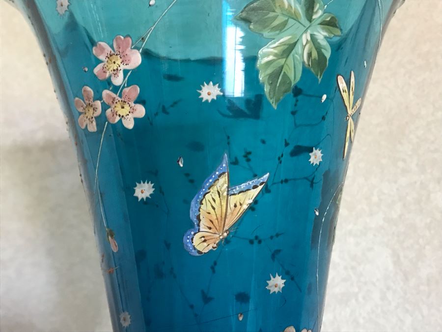 Impressive Antique Epergne Centerpiece With Hand Painted Blue Venetian Glass Decorated With Butterflies, Dragonflies And Flowers Supported By Gilded Brass Chinoiserie Base Featuring Dragons Serpents 26H X 12W [Photo 20]