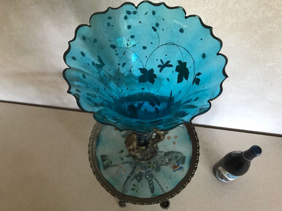 Impressive Antique Epergne Centerpiece With Hand Painted Blue Venetian Glass Decorated With Butterflies, Dragonflies And Flowers Supported By Gilded Brass Chinoiserie Base Featuring Dragons Serpents 26H X 12W [Photo 28]