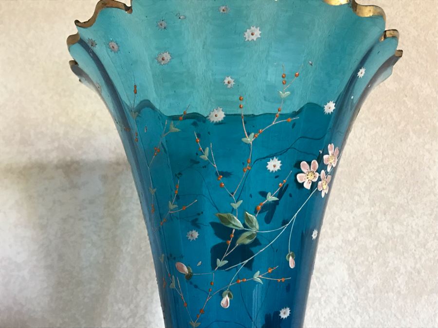 Impressive Antique Epergne Centerpiece With Hand Painted Blue Venetian Glass Decorated With Butterflies, Dragonflies And Flowers Supported By Gilded Brass Chinoiserie Base Featuring Dragons Serpents 26H X 12W [Photo 21]