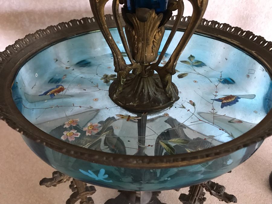 Impressive Antique Epergne Centerpiece With Hand Painted Blue Venetian Glass Decorated With Butterflies, Dragonflies And Flowers Supported By Gilded Brass Chinoiserie Base Featuring Dragons Serpents 26H X 12W [Photo 11]