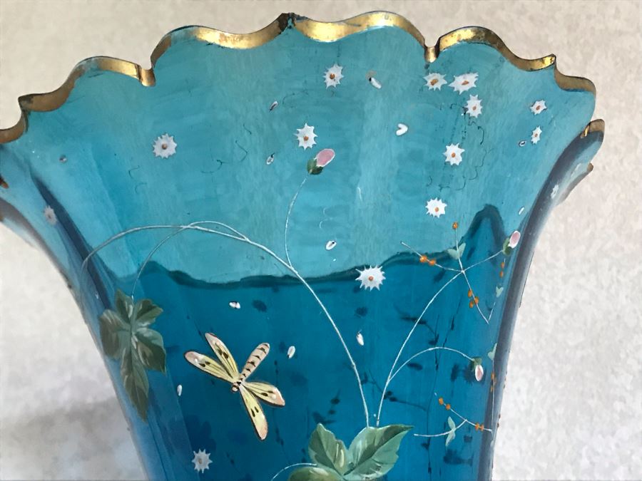 Impressive Antique Epergne Centerpiece With Hand Painted Blue Venetian Glass Decorated With Butterflies, Dragonflies And Flowers Supported By Gilded Brass Chinoiserie Base Featuring Dragons Serpents 26H X 12W [Photo 17]