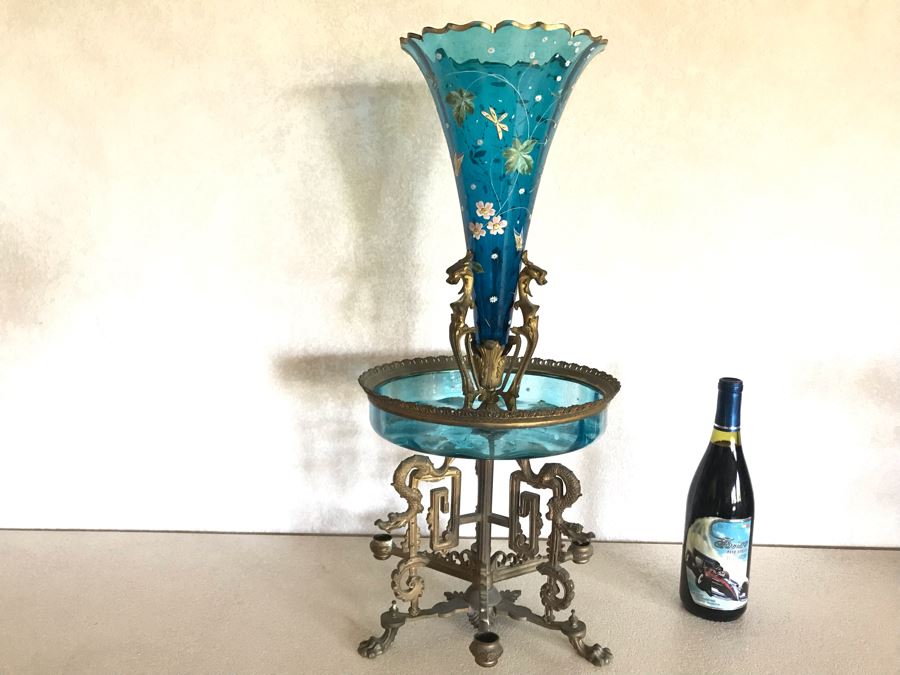 Impressive Antique Epergne Centerpiece With Hand Painted Blue Venetian Glass Decorated With Butterflies, Dragonflies And Flowers Supported By Gilded Brass Chinoiserie Base Featuring Dragons Serpents 26H X 12W [Photo 4]