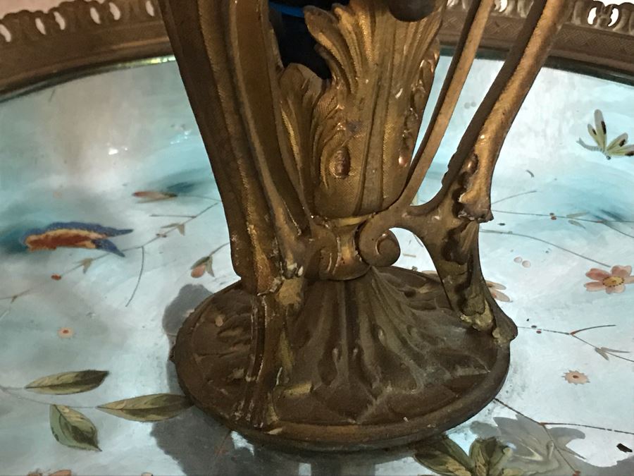 Impressive Antique Epergne Centerpiece With Hand Painted Blue Venetian Glass Decorated With Butterflies, Dragonflies And Flowers Supported By Gilded Brass Chinoiserie Base Featuring Dragons Serpents 26H X 12W [Photo 24]