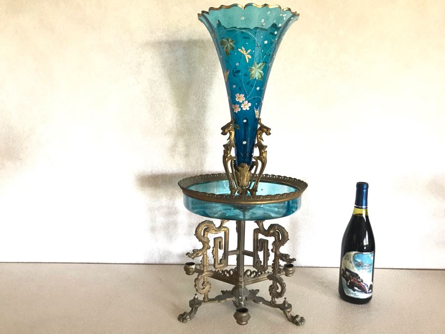 Impressive Antique Epergne Centerpiece With Hand Painted Blue Venetian Glass Decorated With Butterflies, Dragonflies And Flowers Supported By Gilded Brass Chinoiserie Base Featuring Dragons Serpents 26H X 12W [Photo 2]