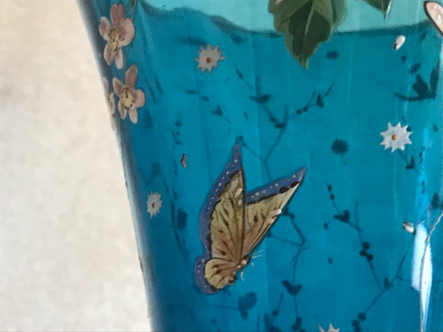 Impressive Antique Epergne Centerpiece With Hand Painted Blue Venetian Glass Decorated With Butterflies, Dragonflies And Flowers Supported By Gilded Brass Chinoiserie Base Featuring Dragons Serpents 26H X 12W [Photo 18]