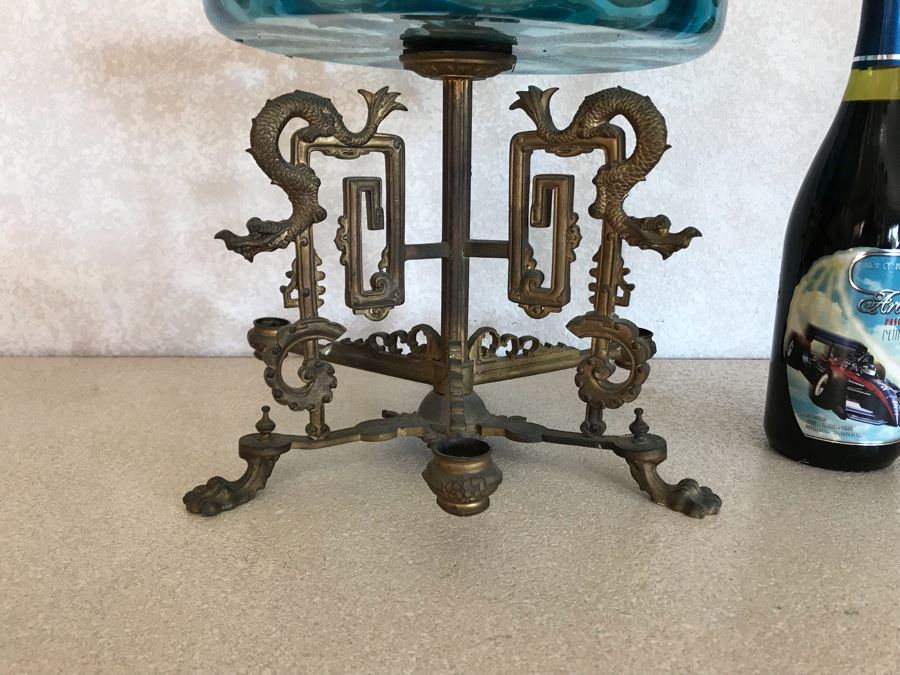 Impressive Antique Epergne Centerpiece With Hand Painted Blue Venetian Glass Decorated With Butterflies, Dragonflies And Flowers Supported By Gilded Brass Chinoiserie Base Featuring Dragons Serpents 26H X 12W [Photo 37]