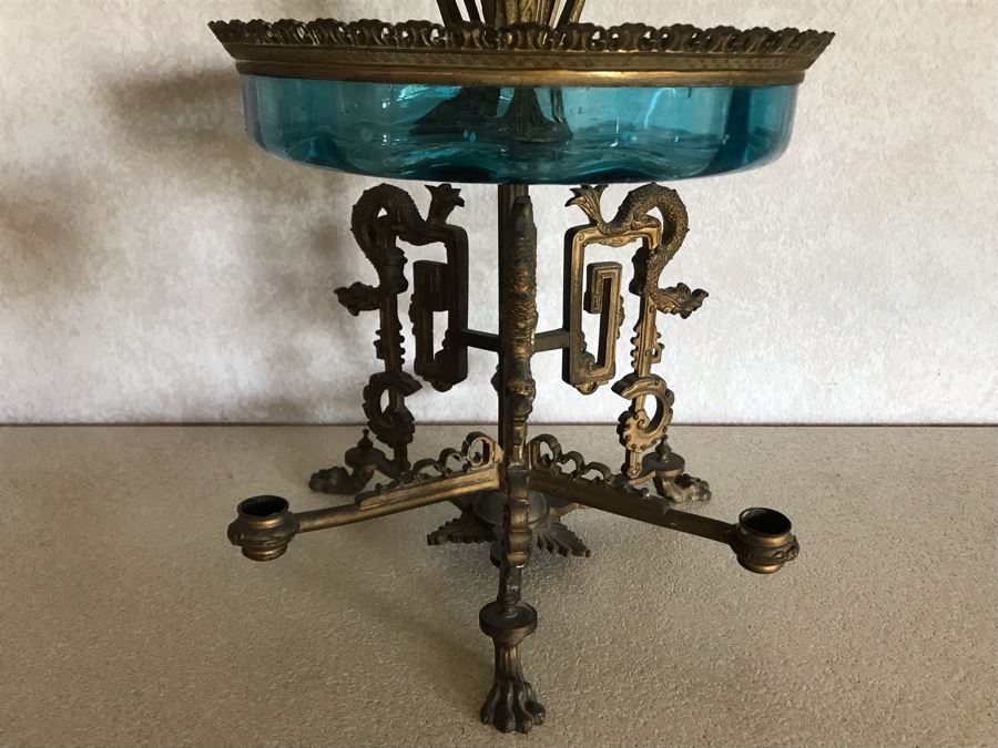 Impressive Antique Epergne Centerpiece With Hand Painted Blue Venetian Glass Decorated With Butterflies, Dragonflies And Flowers Supported By Gilded Brass Chinoiserie Base Featuring Dragons Serpents 26H X 12W [Photo 30]
