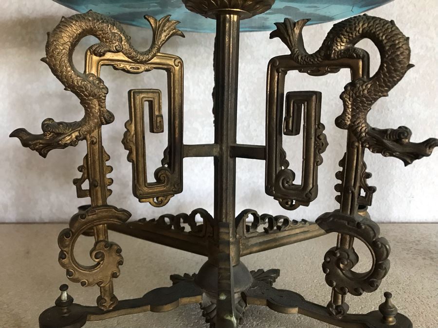 Impressive Antique Epergne Centerpiece With Hand Painted Blue Venetian Glass Decorated With Butterflies, Dragonflies And Flowers Supported By Gilded Brass Chinoiserie Base Featuring Dragons Serpents 26H X 12W [Photo 8]