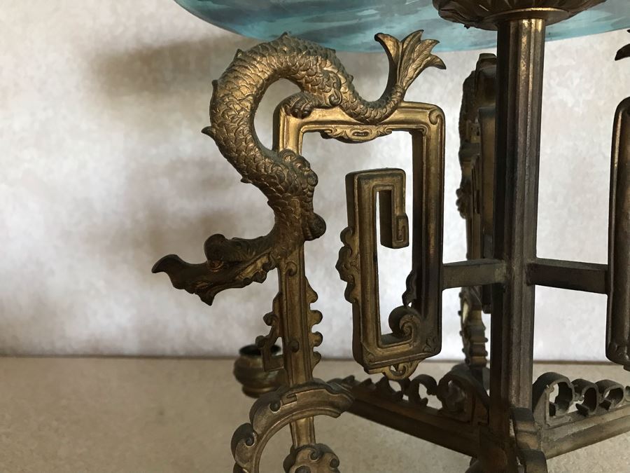 Impressive Antique Epergne Centerpiece With Hand Painted Blue Venetian Glass Decorated With Butterflies, Dragonflies And Flowers Supported By Gilded Brass Chinoiserie Base Featuring Dragons Serpents 26H X 12W [Photo 7]