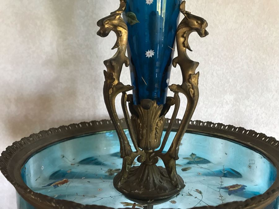 Impressive Antique Epergne Centerpiece With Hand Painted Blue Venetian Glass Decorated With Butterflies, Dragonflies And Flowers Supported By Gilded Brass Chinoiserie Base Featuring Dragons Serpents 26H X 12W [Photo 10]
