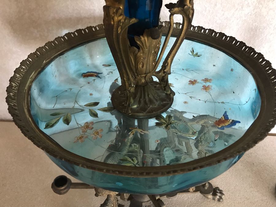 Impressive Antique Epergne Centerpiece With Hand Painted Blue Venetian Glass Decorated With Butterflies, Dragonflies And Flowers Supported By Gilded Brass Chinoiserie Base Featuring Dragons Serpents 26H X 12W [Photo 26]
