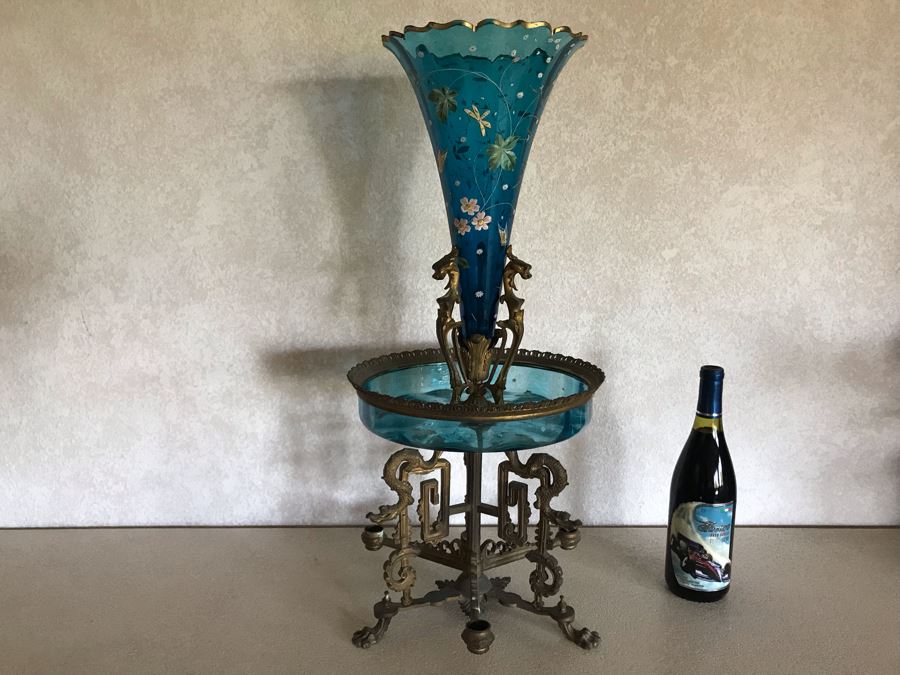 Impressive Antique Epergne Centerpiece With Hand Painted Blue Venetian Glass Decorated With Butterflies, Dragonflies And Flowers Supported By Gilded Brass Chinoiserie Base Featuring Dragons Serpents 26H X 12W [Photo 3]