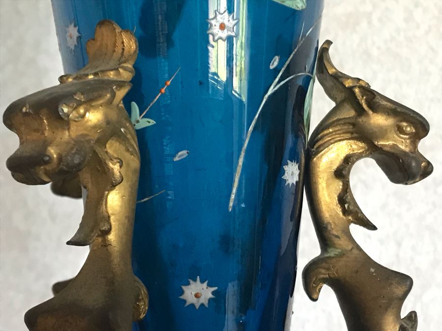 Impressive Antique Epergne Centerpiece With Hand Painted Blue Venetian Glass Decorated With Butterflies, Dragonflies And Flowers Supported By Gilded Brass Chinoiserie Base Featuring Dragons Serpents 26H X 12W [Photo 23]