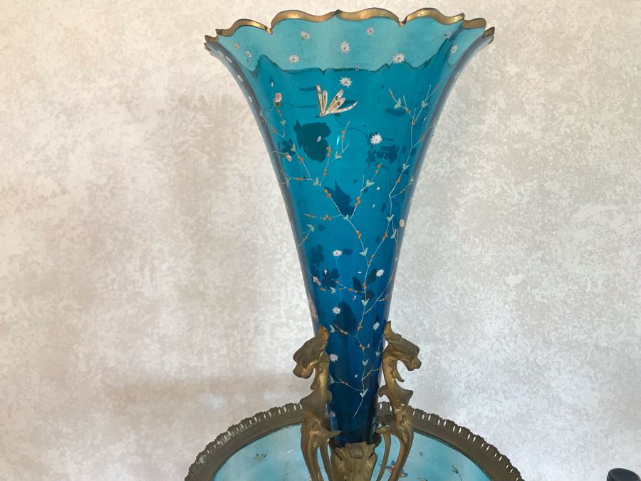 Impressive Antique Epergne Centerpiece With Hand Painted Blue Venetian Glass Decorated With Butterflies, Dragonflies And Flowers Supported By Gilded Brass Chinoiserie Base Featuring Dragons Serpents 26H X 12W [Photo 39]