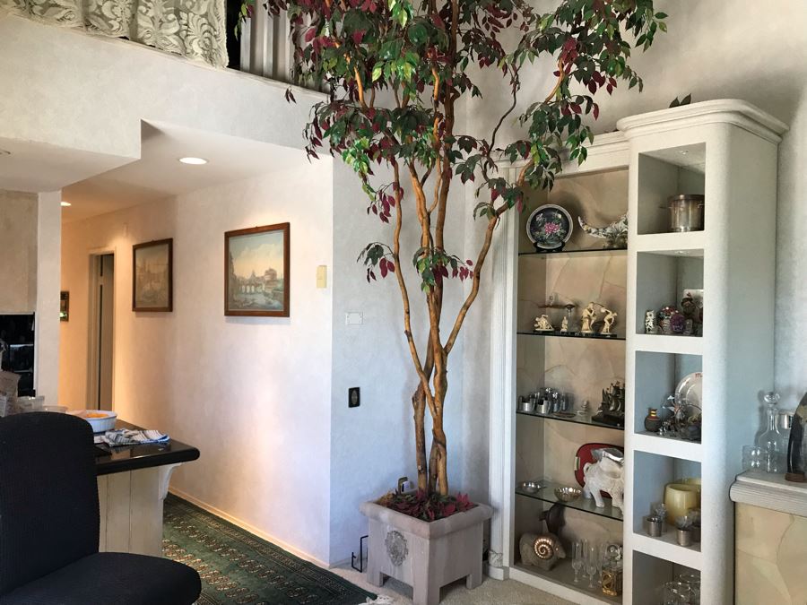 Large 12'H Indoor Artificial Tree Plant With Custom Planter Featuring Lion's Head Design