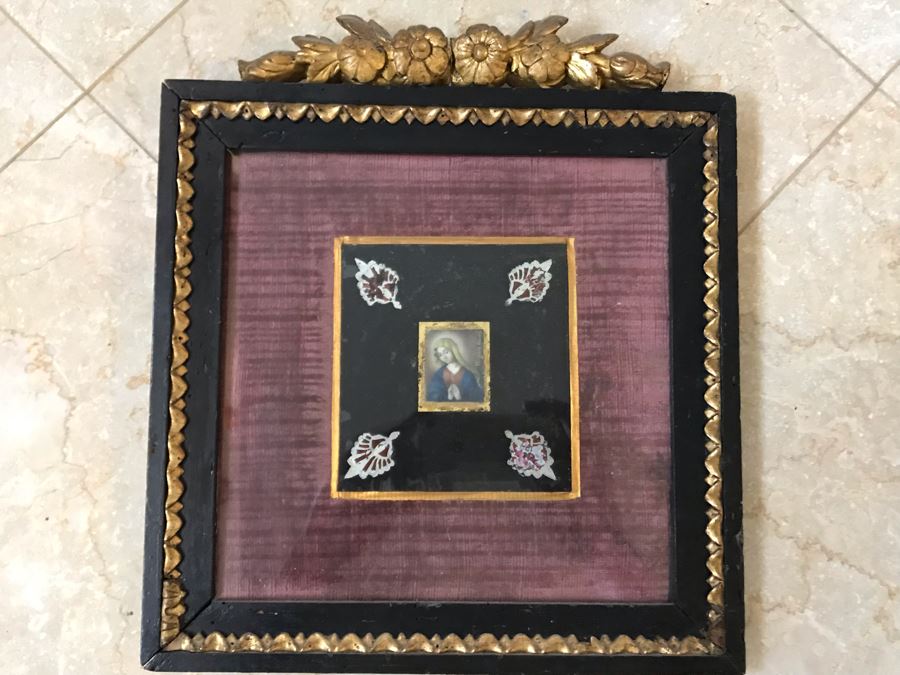 Antique 1745 Reverse Painted Glass Virgin Mary Portrait Signed Virginia Guerr Frame Measures 11.5 X 13 [Photo 2]