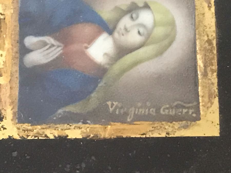Antique 1745 Reverse Painted Glass Virgin Mary Portrait Signed Virginia Guerr Frame Measures 11.5 X 13 [Photo 7]