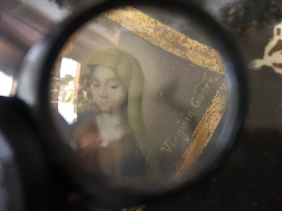 Antique 1745 Reverse Painted Glass Virgin Mary Portrait Signed Virginia Guerr Frame Measures 11.5 X 13 [Photo 14]